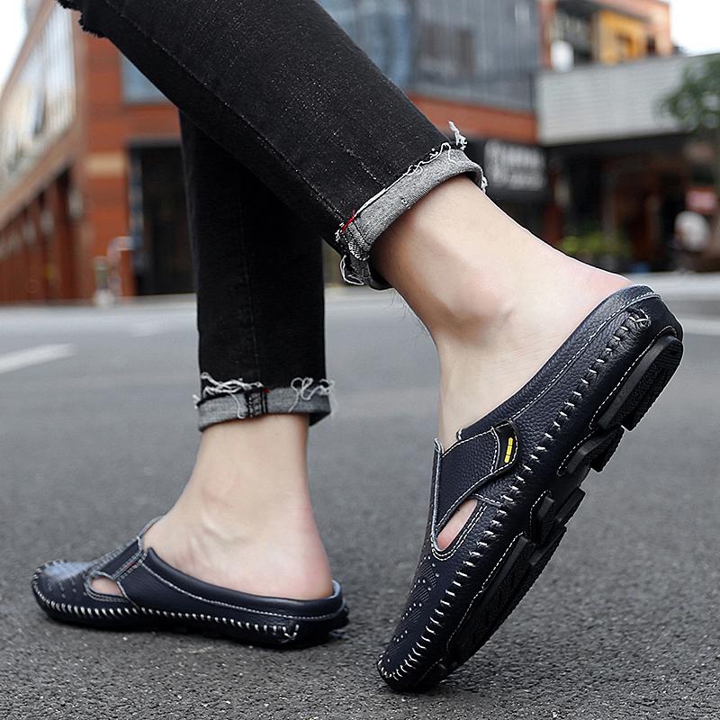 Fashion Genuine Leather Slippers Men Casual Slip on Summer Shoes Breathable Half Drag Men's Shoes Fashion Beach Flip Flops Luxe Sandals
