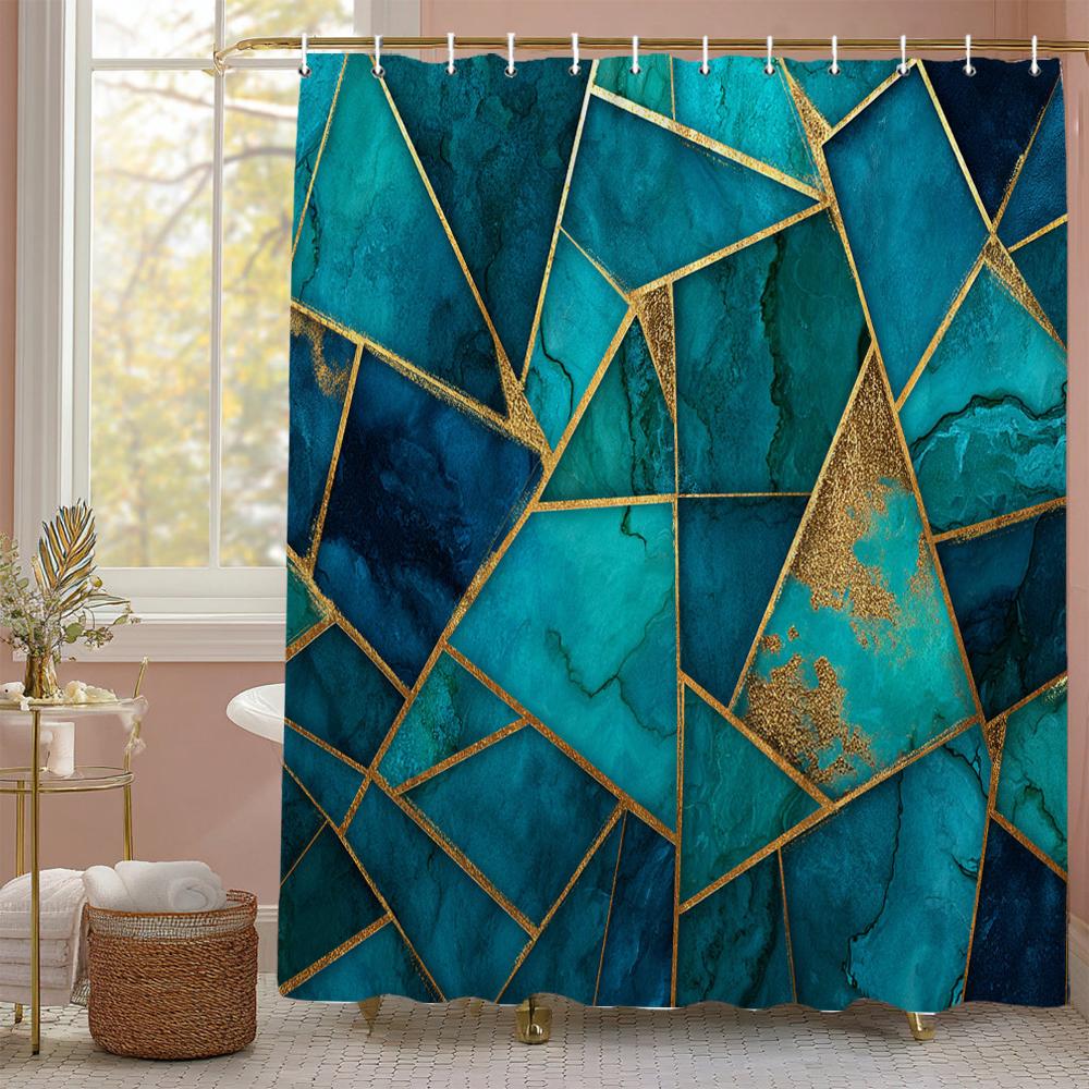 Modern Creative Geometric Pattern Blue Shower Curtain, Bathroom Decorative Shower Curtain, Waterproof Shower Curtain with Hooks