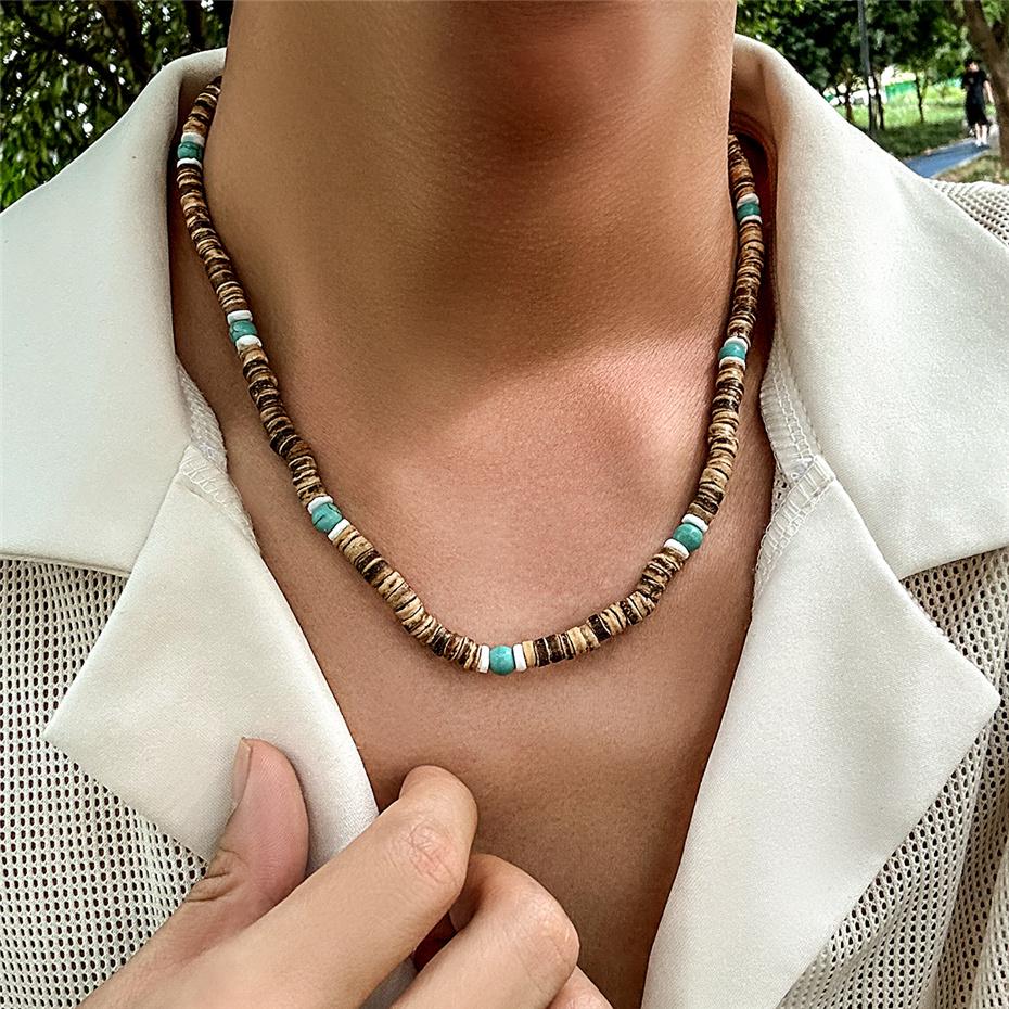 Vintage Beach Boho Surfer Coconut Wooden Chain Necklace for Men Simple Geometric Tribal Ethnic Beads Choker Neck Accessories New