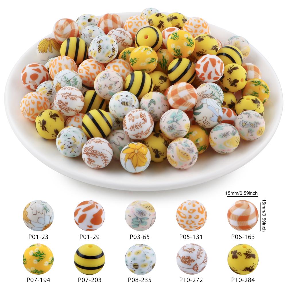 20Pcs/Bag 15MM Printed Silicone Beads Mixed For DIY Jewelry, Bracelets, Keychains, Etc