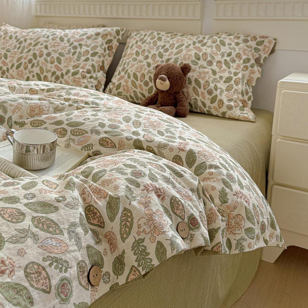 Washed Cotton Linen Floral Button Style Bedding Set (3-Piece)