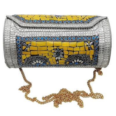 Eye Catching Handmade Cylinder Round Ethnic Stone Metal Bag Antique Bridal Clutch