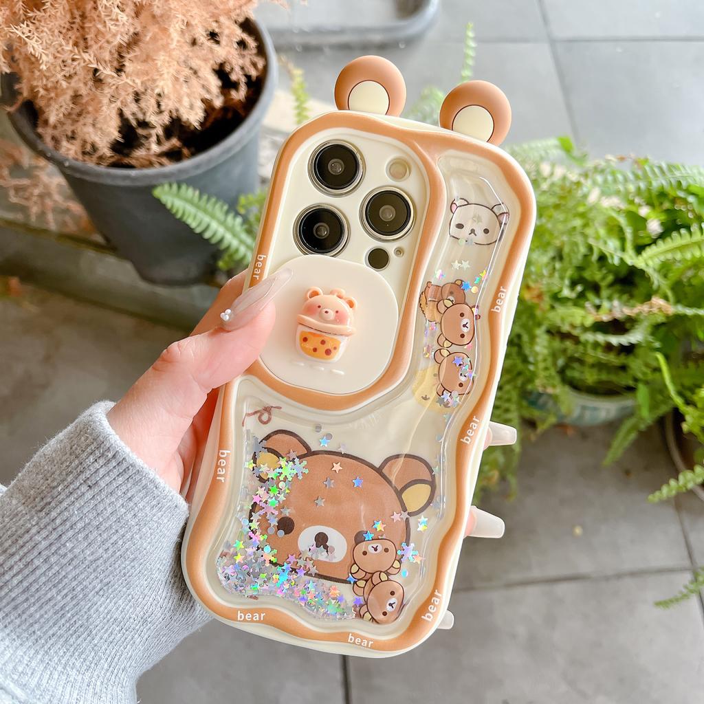 For iPhone 11 12 13 14 15 16 17 Pro Max Quicksand Ears Rilakkuma Sliding Window Protect Camera Case