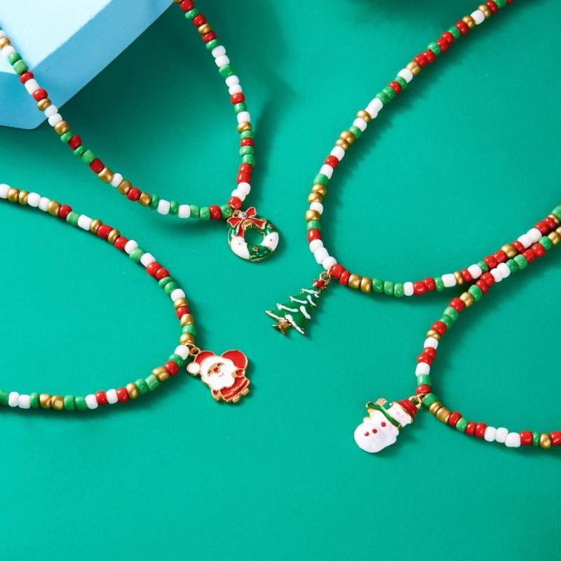 Santa Claus Christmas Tree Pendant Necklace Beads Jewelry Elegant Holiday Gift For Women’s Festive Occasion Outfits