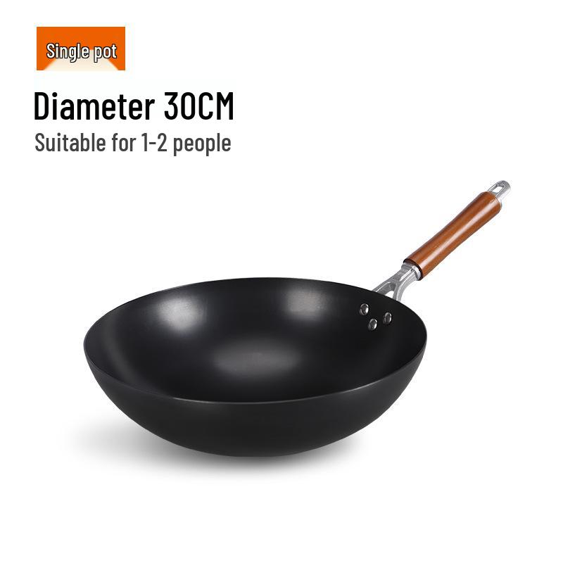 Old-Fashioned Non-Coated Cast Iron Wok, Round Bottom, Non-Slip, Non-Stick, Gas Stove Compatible, Nitrided Fine Iron.