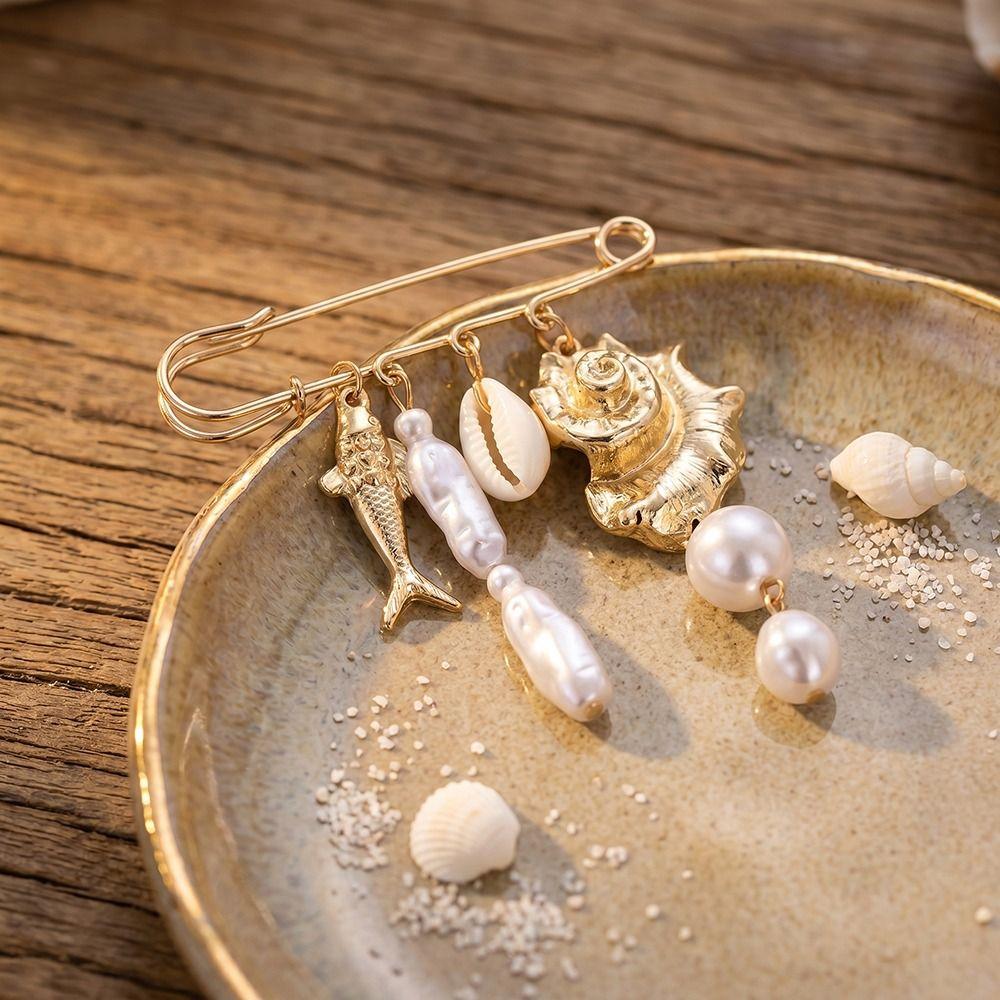Gold Tone Ocean Element Brooch Pearl Pendant Exaggerated Color Tropical Fish Brooch Mermaid Tail Design Starfish Coral