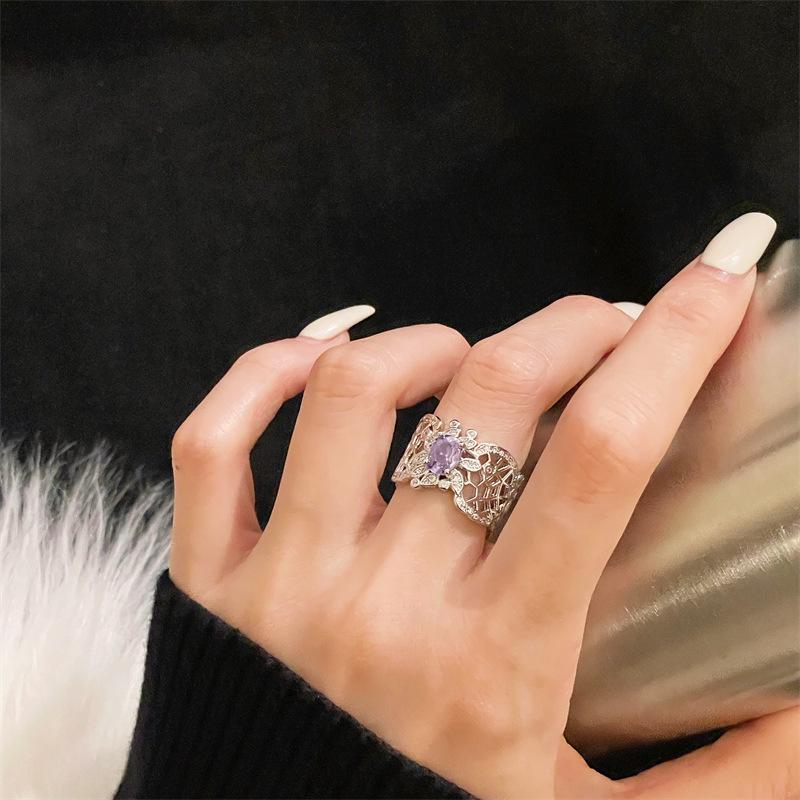 Super Flash Spitzenmuster Lila Zirkon Eleganter Öffnungsring Licht Luxus Hohes Gefühl Süß Nische Zeigefingerring