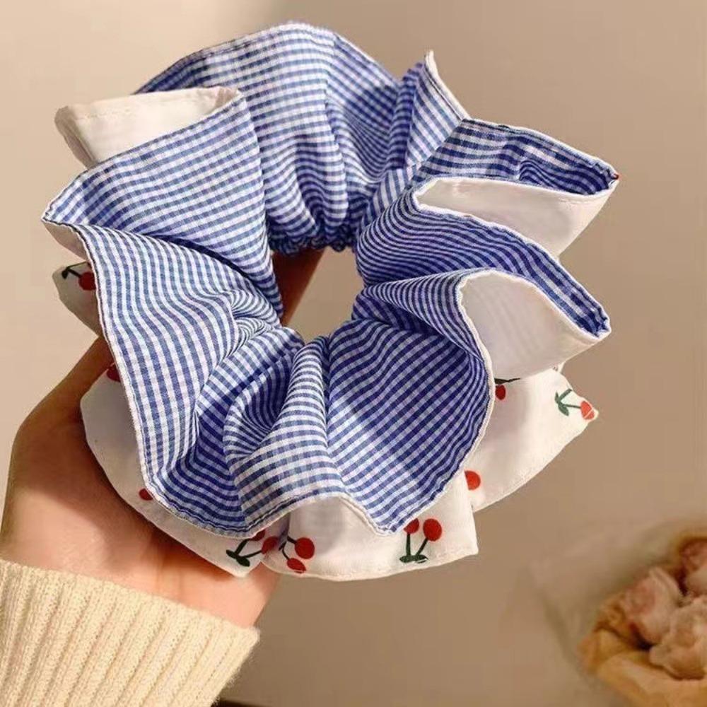 1/2pcs Sweet Plaid Fabric Cherry Double Layered Double-sided Large Intestine Headband for Women Tied Hair Balls Ponytail