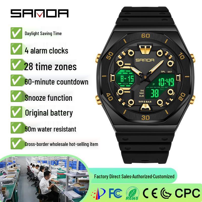 Sanda Men's Trendy Dual Display Casual Watch - Waterproof, Luminous, Octagonal Design with Countdown & Snooze Functions.