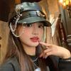 Dark Rivet Skull Chain Leather Abby Beret Female Punk Gothic Hats Spice Girl Painter Hat Versatile Winter Hat