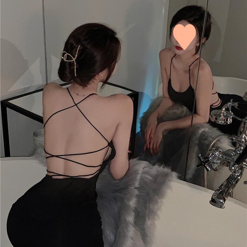 Chic Black Backless Spaghetti Strap Dress for Women - Spring/Summer 2022 Bodycon Slim-Fit