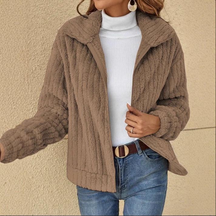 Women's Plush Lapel Short Cardigan Jacket - Autumn/Winter 2023