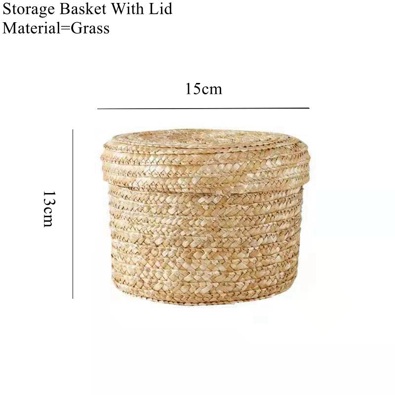

1Pcs Desktop Storage Basket With Lid Straw Woven Snack Small Toy Organizer Multi-Purpose Organization Box Hand Gift Box A-15*13cm