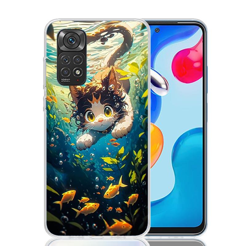 Cartoon Cute Cat Fish Aesthetic Phone Case For Xiaomi Redmi Note 14 13 12S 12 11S 11T 11E Pro Plus 10S 10 Art Customized Co
