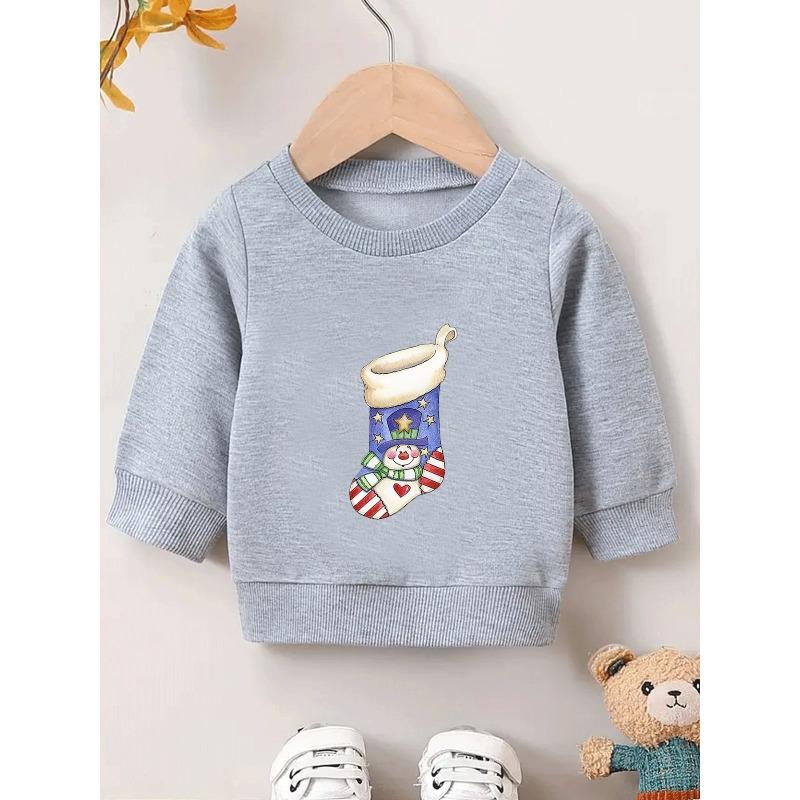 European sizes Christmas Snowman Christmas Stocking Print Pattern, Kids' Comfortable Children's Spring/Autumn Lightweight Crew Neck Sweatshirt