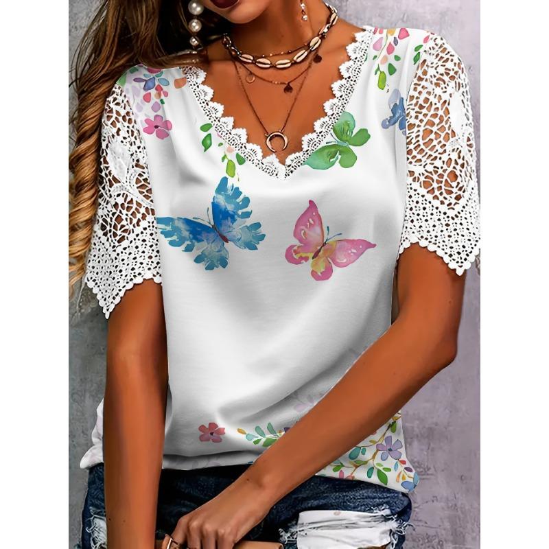 Women's Fashion Casual Summer Spring Flower Pattern Print Short Sleeve V-Neck Blouses & Shirts
