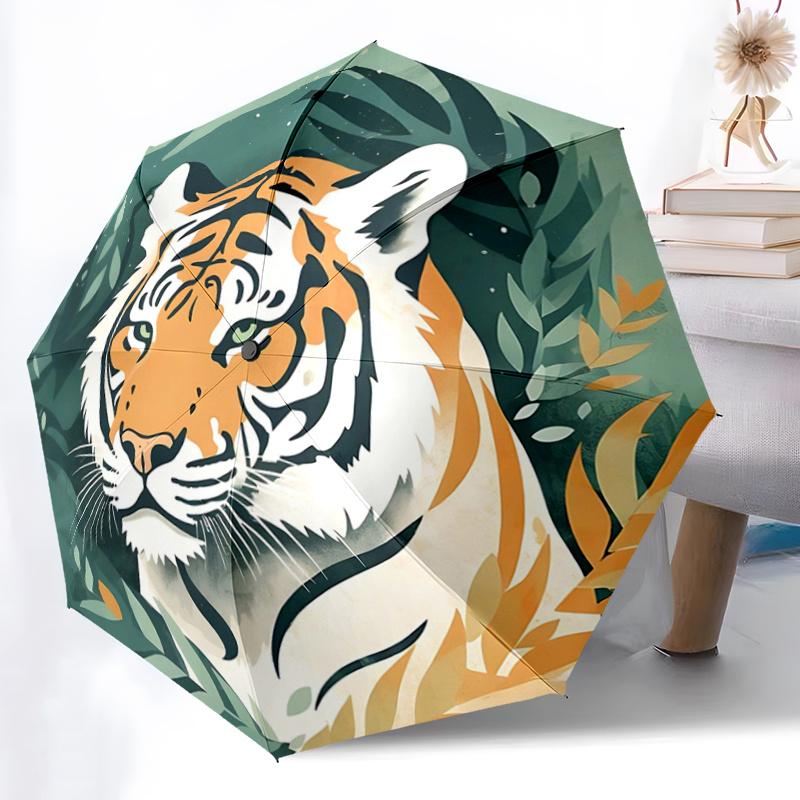 1pc Tiger Head Fully Automatic Folding Portable Umbrella, 8 Iron Frames, Three-Fold Design, Suitable for All Seasons, Suitable for Outdoor U