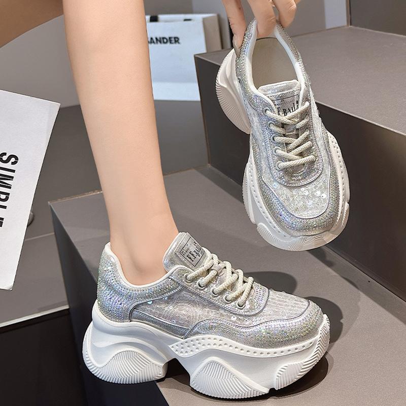 Fashion Casual Leather Casual Shoes Rhinestones High Top Sneakers Chunky Sneakers New Women's Designer Punk Shoes Size 35-40