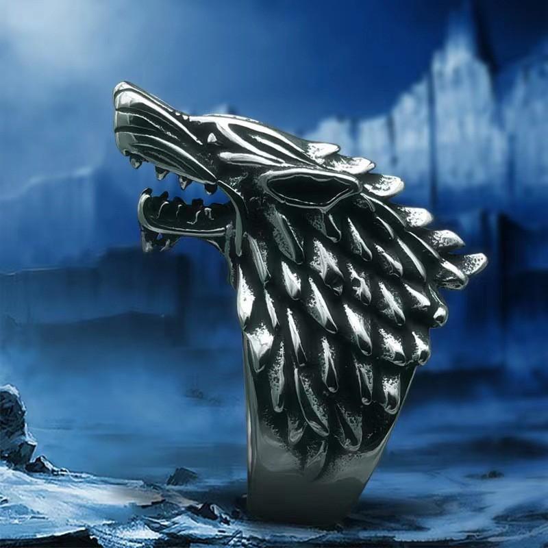 Mens Adjustable Wolf Head Ring In Sterling Punk Vintage Geometric Band Biker Gothic Style