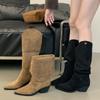 Fashion Retro Style Fold Button Women Knee-High Boots Fashion Pointed Toe Square Heels Casual Ladies Shoes Zapatos De Mujer