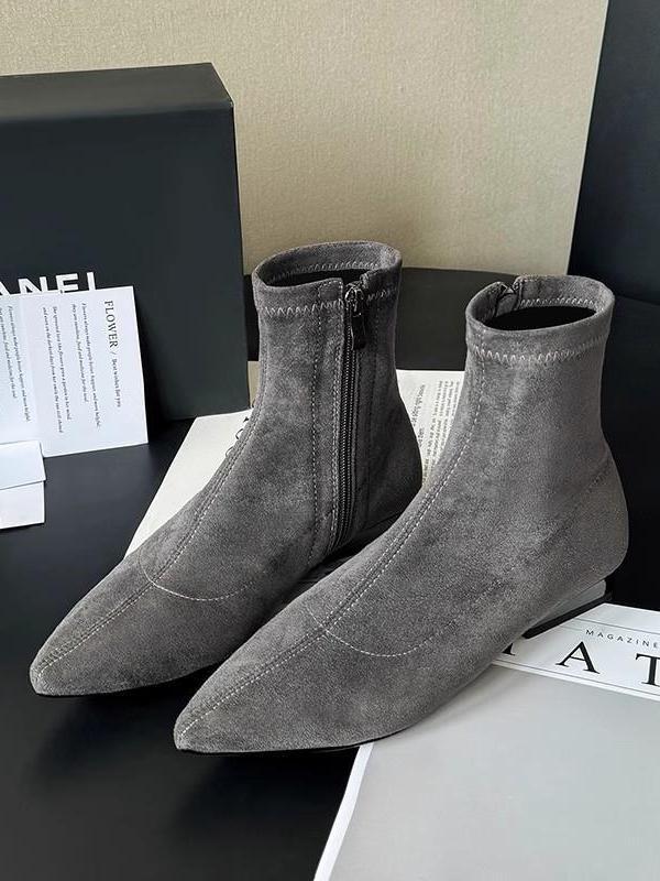 

Cowhide version autumn and winter new retro pointed suede showing legs long women s boots flat bare boots soft sole thin temperament short boots 40