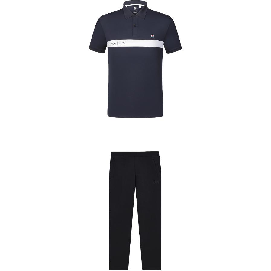

Fila Логотип Удобная футболка-поло с коротким рукавом Мода Прямые вязаные длинные брюки Повседневный спортивный костюм Мужской костюм A11M423112F-NV+F11M428605F-NV L