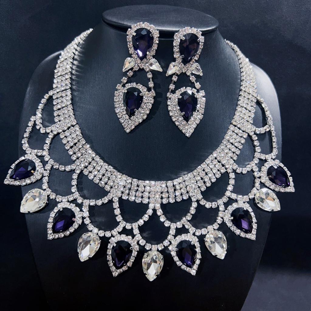 New Fashionable European and American Exaggerated Handmade Rhinestone Colored Crystal Necklace Earring Set Bridal Dress Jewelry
