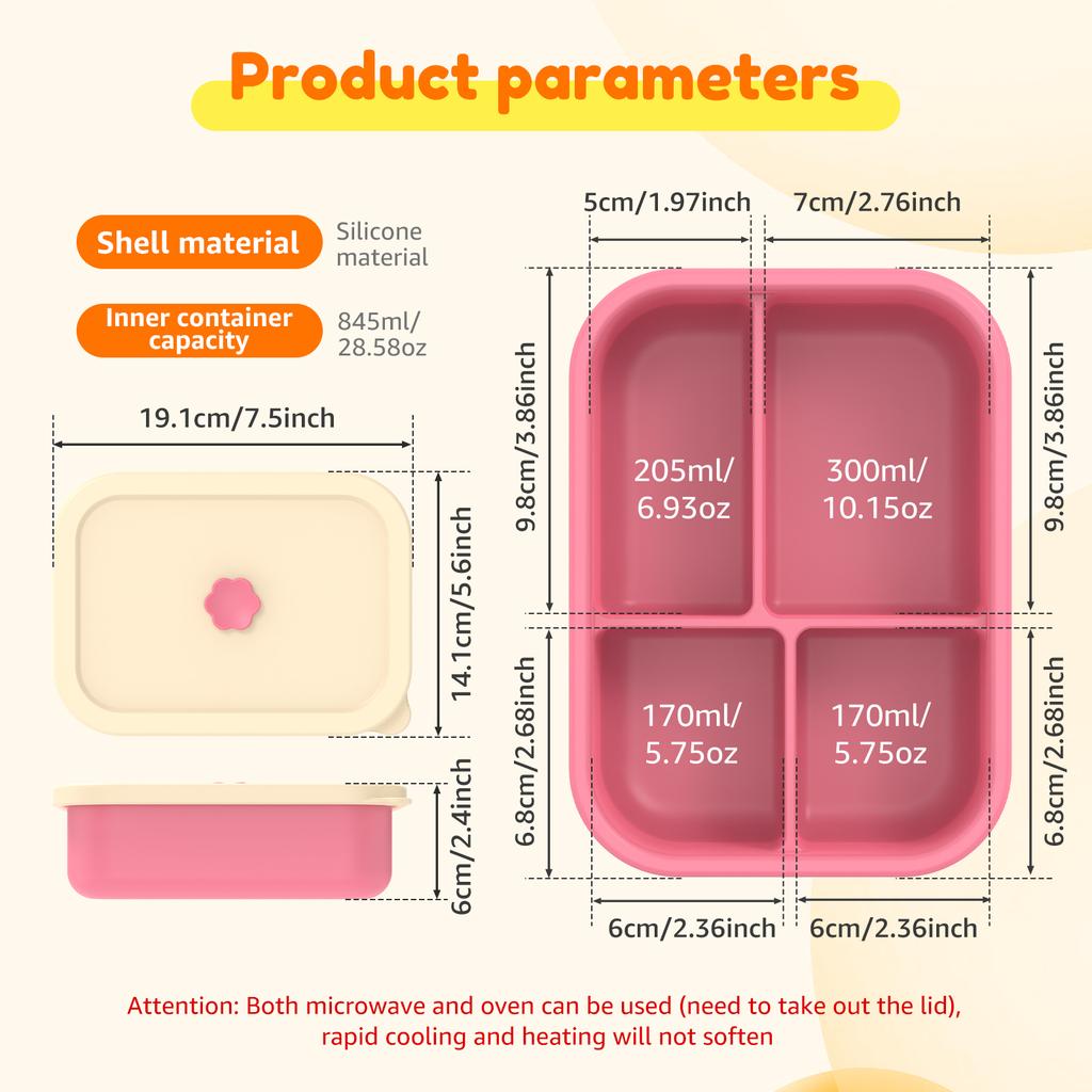 4 Compartment Lunch Box Leak Proof Silicone Meal Boxes with Lids Snack Container Microwave Oven Bento Box for Adult and Students