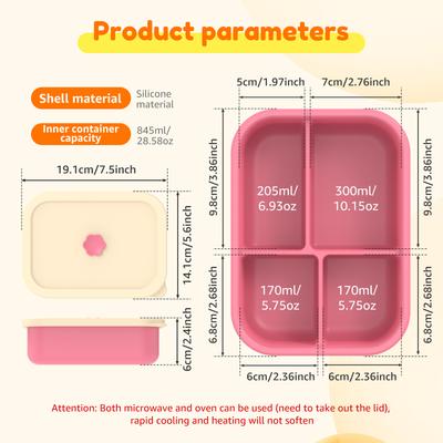 4 Compartment Lunch Box Leak Proof Silicone Meal Boxes with Lids Snack Container Microwave Oven Bento Box for Adult and Students