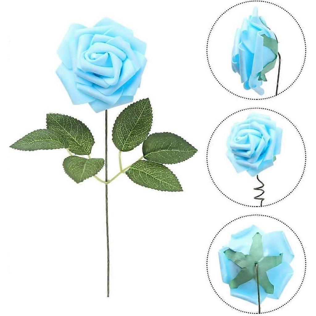 30 Stück Babyblau Künstliche Rosen mit Stielen, Schaumstoff-Fake-Blumen für DIY-Hochzeitssträuße, Babyparty, Partydekoration (Hellblau)