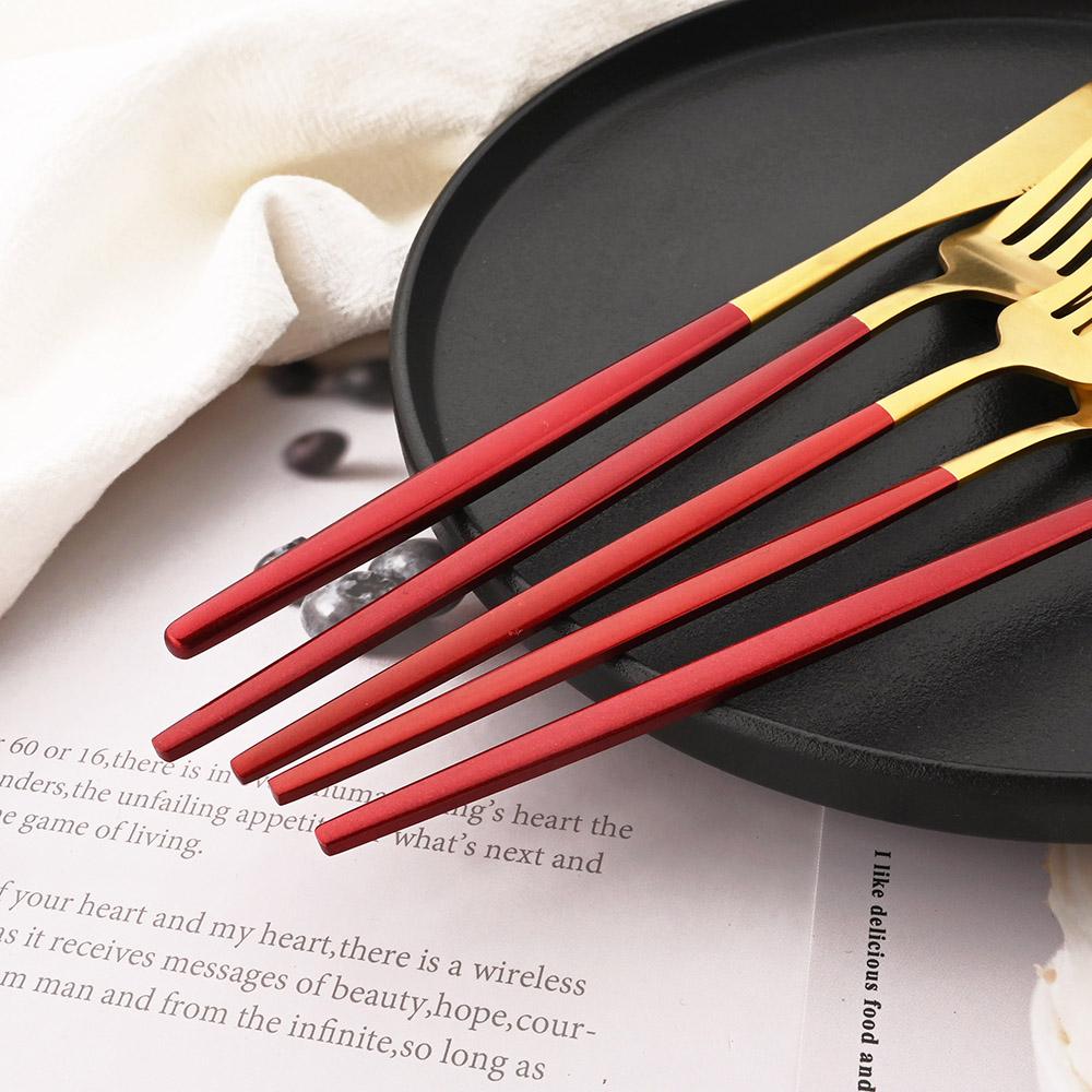 Set 16 Bucăți Veselă Set Tacâmuri Roșu Auriu Set Tacâmuri Furculiță Cuțit Linguriță Cină Argintărie Bucătărie Set Tacâmuri