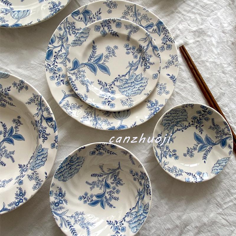 European High-Value Dinnerware Set: Underglaze Color Plate, Deep Plate, Cereal Bowl, Cup & Saucer for Desserts & Steaks.