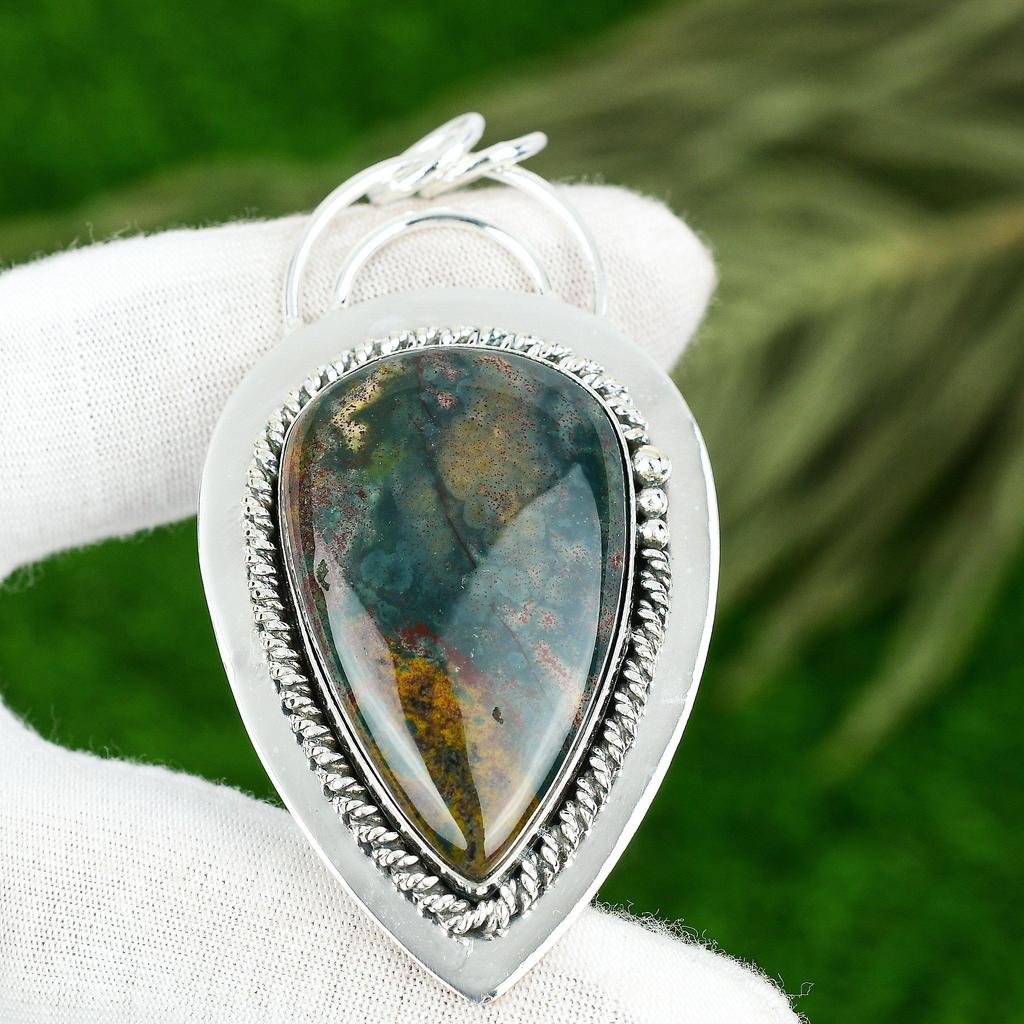 Mothers Day Deal 925 Sterling Silver Pear Bloodstone Stone March Pendant Jewelry
