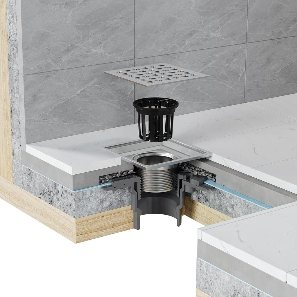 Neodrain Square Shower Drain,4 inch Stainless Steel 304 Grate and PVC Drain Body, Grate with Brushed Nickel Finish, Kit Includes Hair