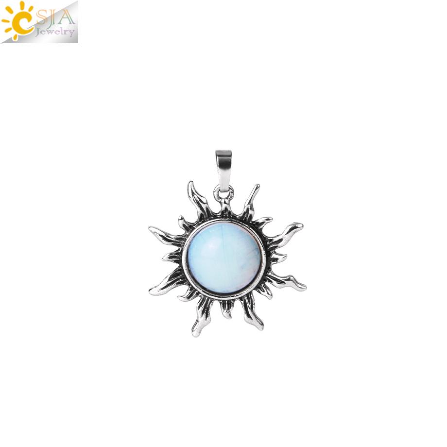 CSJA Vintage Sun Flower Pendant Natural Stone Crystal Necklace Genuine Round Amethysts Pink Quartz Obsidian Lapis Lazuli H120