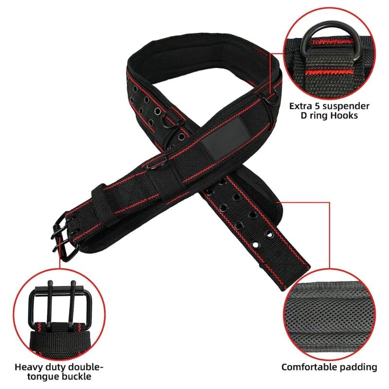 Heavy Duty Adjustable Work Belt with Wide Waist Support, Metal Roller Closure, and 4 Metal Connectors for Tool Pouch Carry