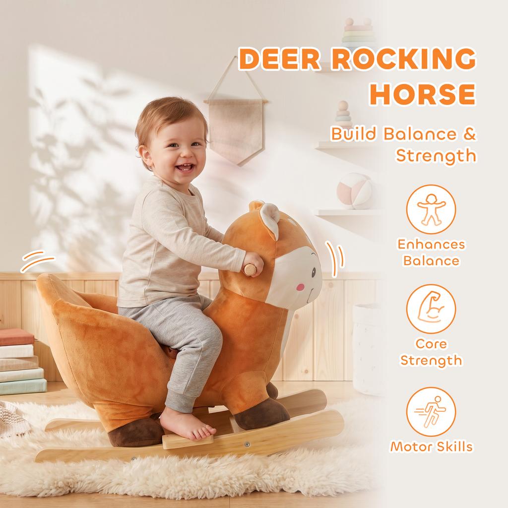 Rocking Horse, Ride on Horse Deer Design with Sounds, Security Belt, Rocking Stopper, for Toddlers 1-3 Years, Brown