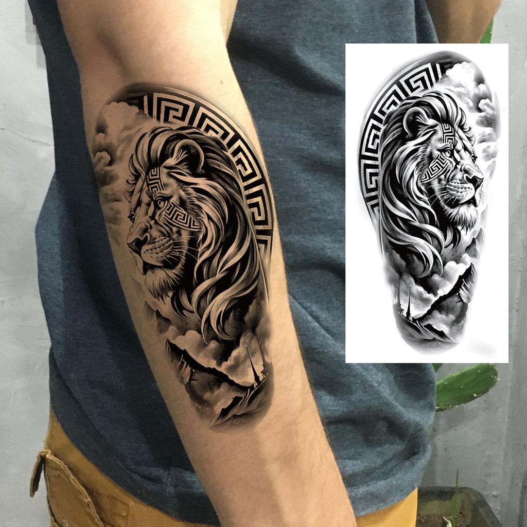 1 Sheet Death Skull Lion Temporary Tattoos For Men Women Adults Fake Wolf Skeleton Tattoo Sticker Sleeve Black Zeus