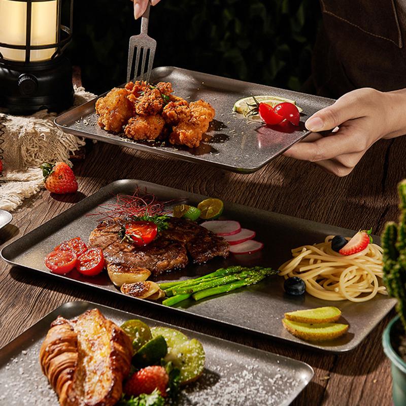 Steak Tray 304 Stainless Steel Antique Square Tray Creative Restaurant Display Dinner Plates Retro Style Dessert Barbecue Plate