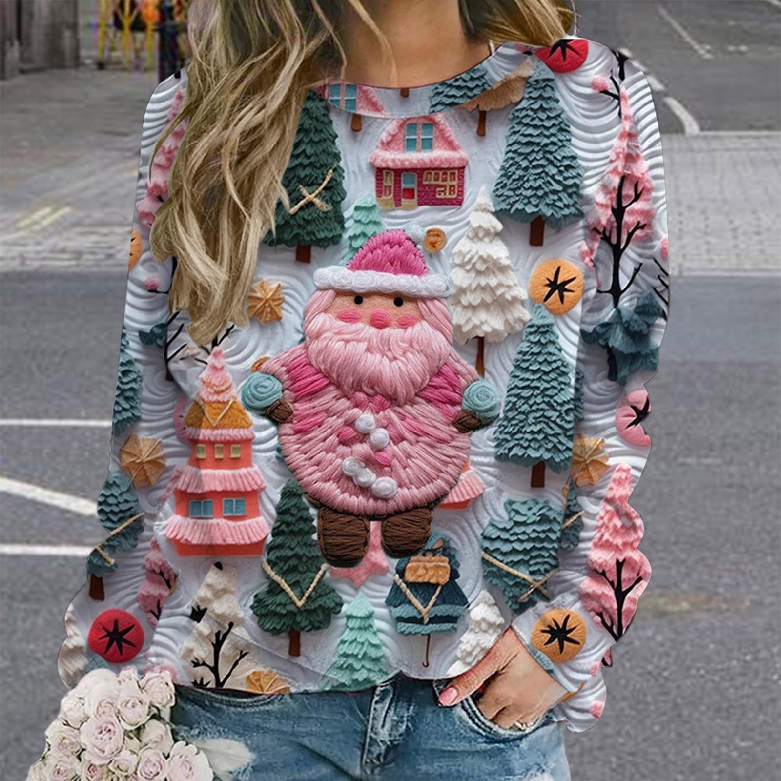 

Уродливые рождественские толстовки для женщин, симпатичные графические принтованные толстовки с длинным рукавом и круглым вырезом, пуловеры, топы, футболки, женская одежда L