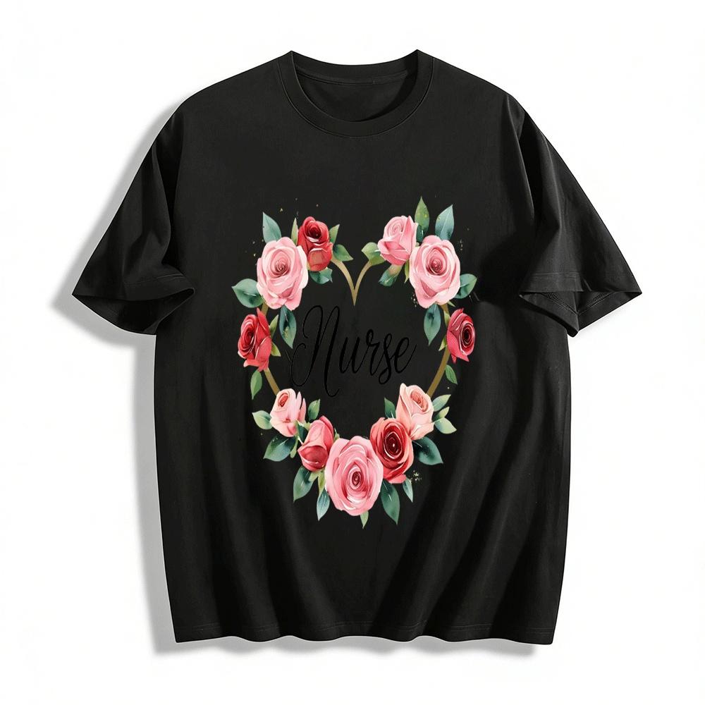 Heart-shaped Rose Print Nurse Themed Casual T-shirt Pure cotton T-shirt XXS