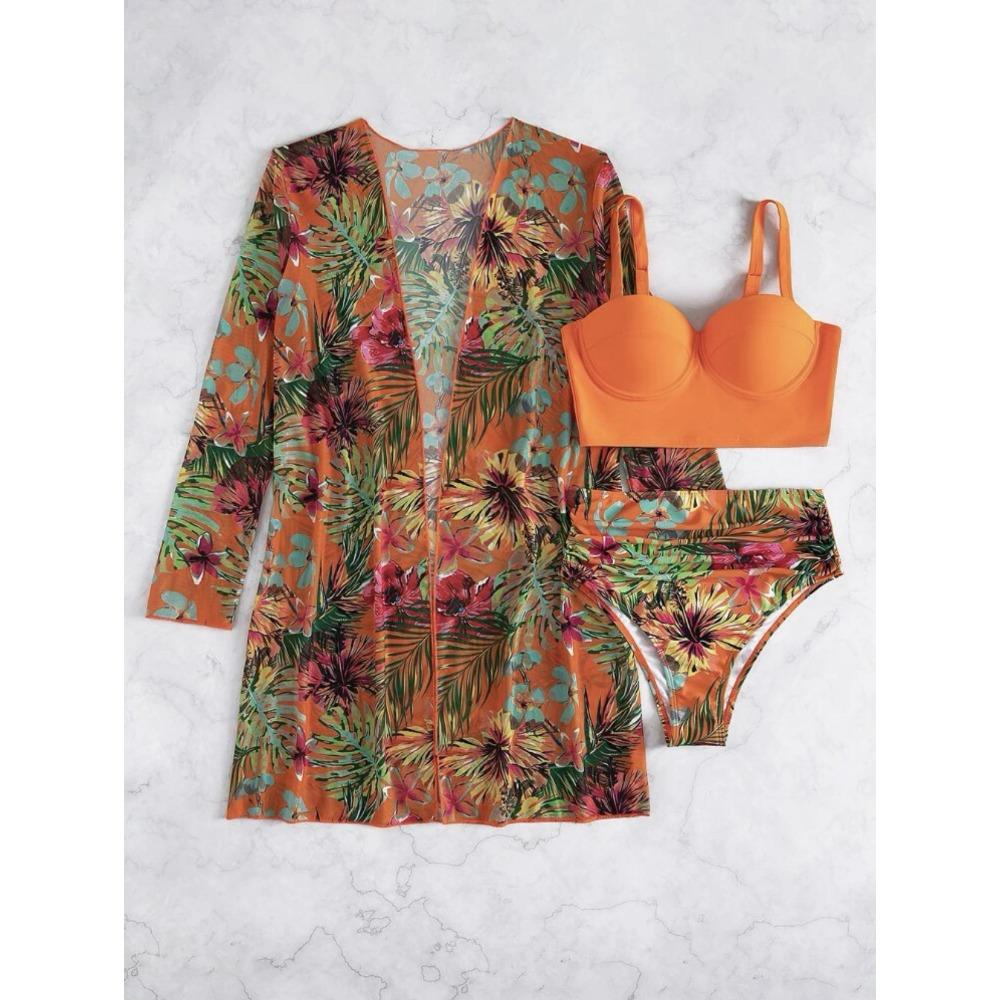 Europäischer und Amerikanischer Sexy Mesh Bikini Dreiteilig Raffung Split Druck Badeanzug