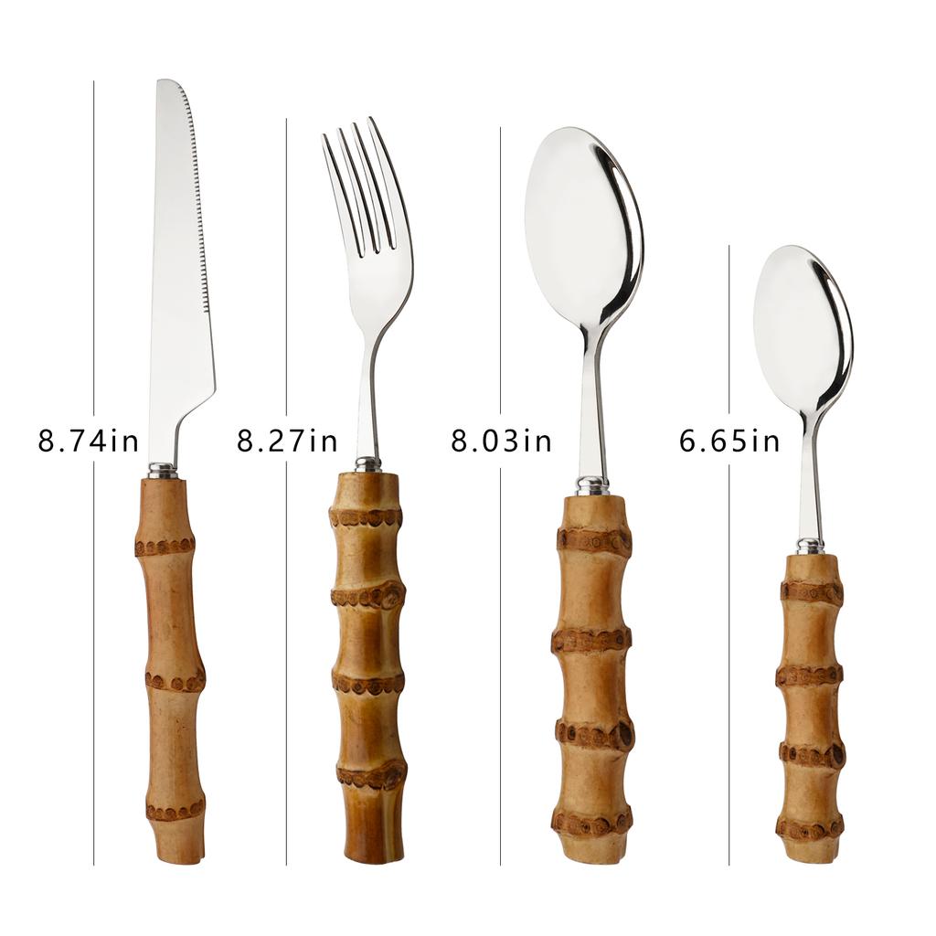 4Pcs/Set Dinnerware Set Bamboo Handle Stainless Steel Cutlery Knife Fork Spoon Tableware Silver Flatware Set Service for 1