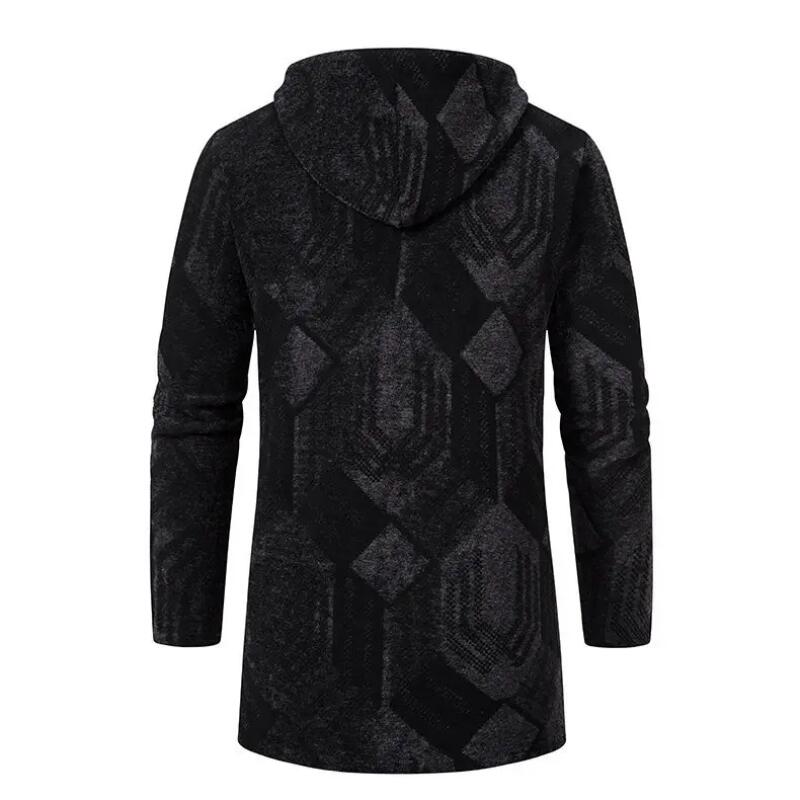 Autumn Winter Men's Fleece Mid Length Hooded Knit Cardigan Casual Knitwear Coat Thickened Warm Sweatercoat Men