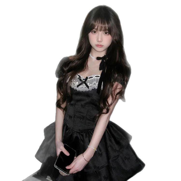 Elegant Black Bow Puff Sleeve Dress for Women - French Style Birthday Outfit