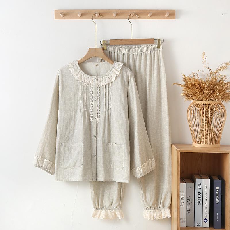 

Женский милый хлопковый пижамный комплект с кружевной отделкой - Весна/Осень, с длинным рукавом, для дома и улицы Medium светло-серый