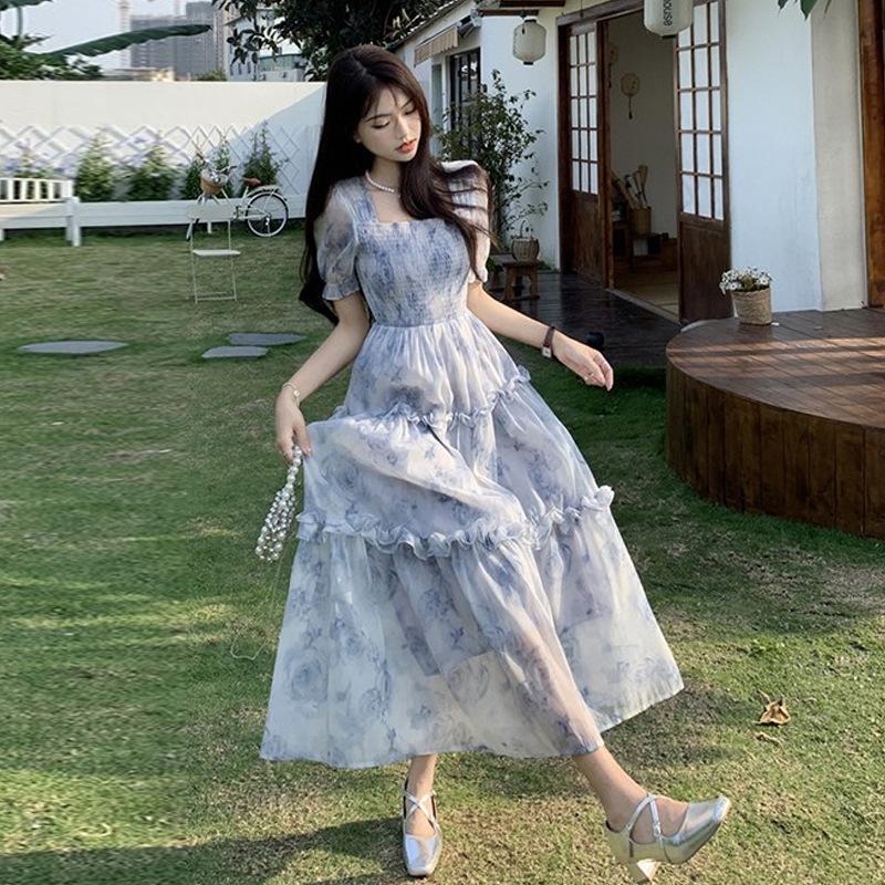 Retro square collar floral dress women's summer new super fairy Mori waist thin fungus edge long skirt