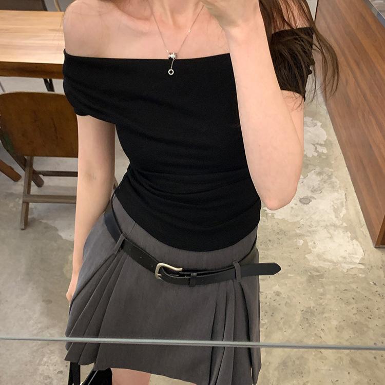 Women Spring Summer Solid Color One Shoulder Short Sleeved Shirt Slim O-Neck Blouses Pullover Tight Short Top S-XXL