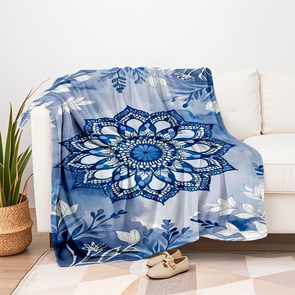 Blue and White Floral Mandala Phone WallpaperBlanket Flannel Throw Blanket for Sofa, Bed, Travel, Camping, Office, Couch, Chair, And Bed Gif