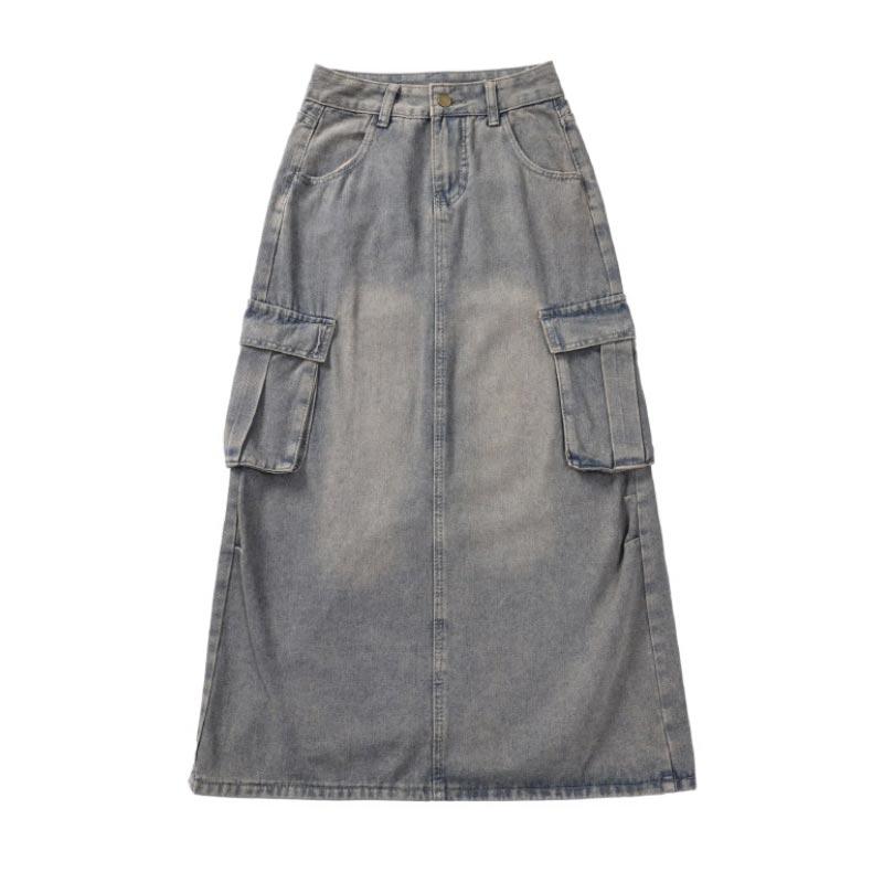 Women's Denim Cargo Skirt with Pocket High Waist Slit Retro Midi Skirt Y2K Clothing Casual Fashion All-match Spring Summer